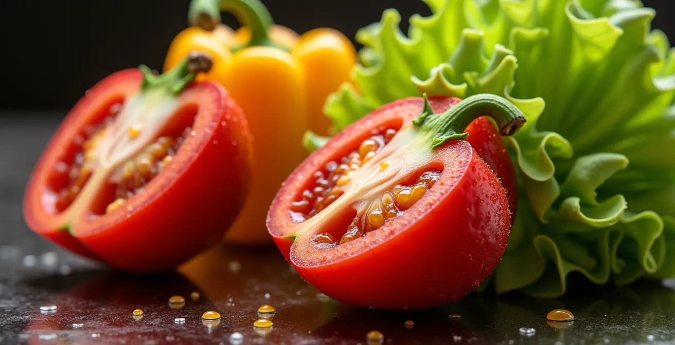 Gros plan sur des légumes frais colorés avec des gouttes d'eau montrant leur fraîcheur