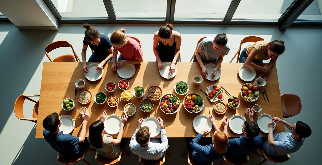 Groupe de collègues partageant un repas autour d'une grande table en bois dans un espace lumineux
