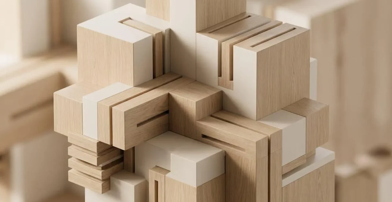 Composition architecturale minimaliste montrant volumes géométriques en bois clair et blanc encastrés avec précision, évoquant harmonie design et intégration épurée