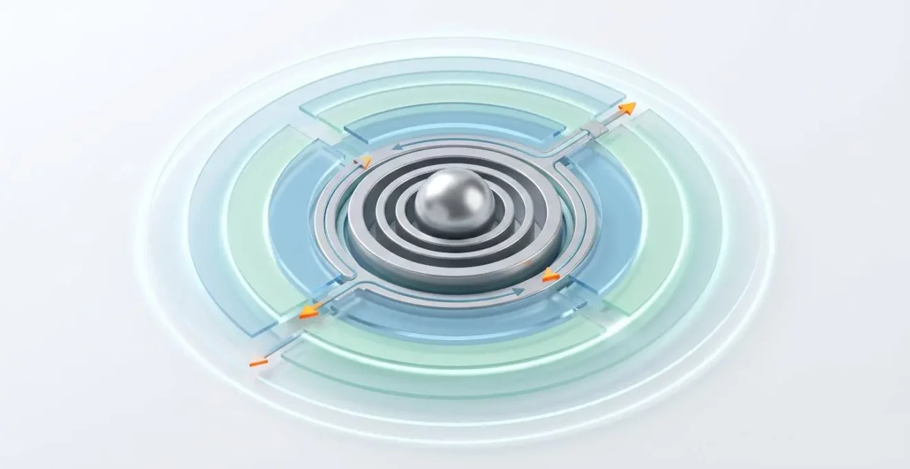 Illustration schématique en 3D isométrique montrant mécanisme circulaire argenté entouré de couches translucides bleues symbolisant absorption progressive des ondes sonores